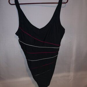 Roots Ladies Size 16 Black with Pink & White Stripes 1 Piece Bathing Suit